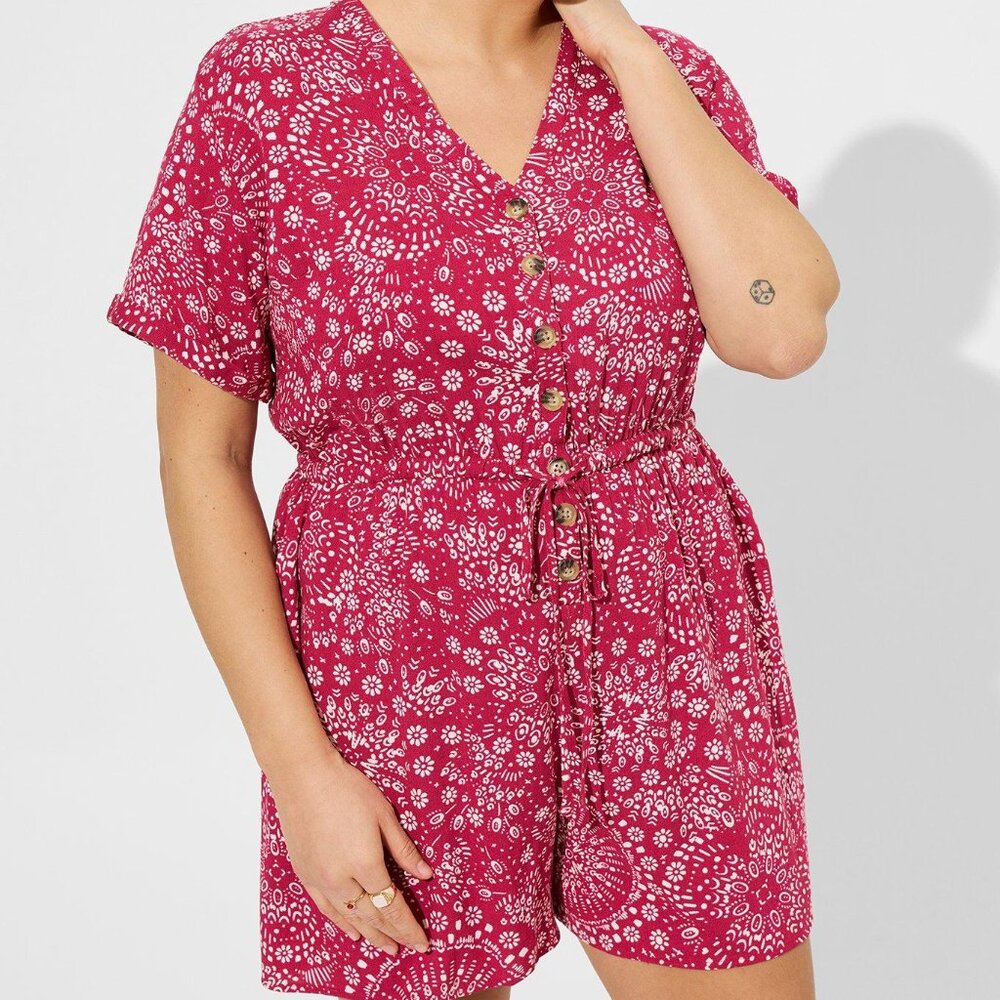 Red Rayon Slub Button Front Romper from Torrid